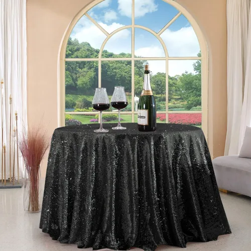 Vista 50 de Manteles redondos de lentejuelas negros para fiestas, de 121,9 cm, mantel redondo de purpurina ajustado, pequeño, lindo y dulce, para boda