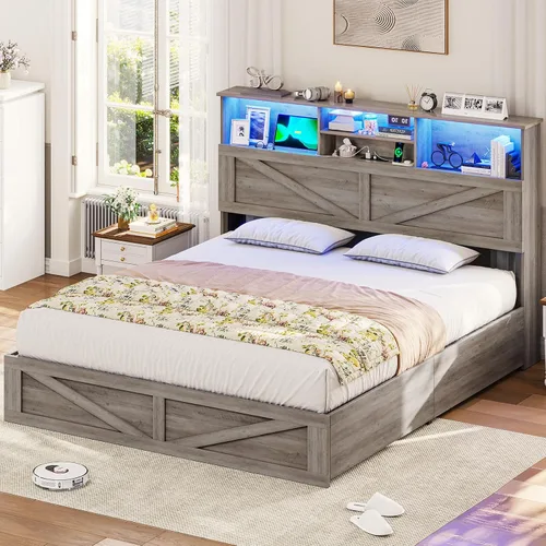 Vista 8 de VIAGDO Bastidor de cama estilo granja tamaño completo con cabecero de almacenamiento tipo librero, estación de carga y luces LED, bastidor de cama
