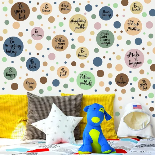 Vista 6 de Calcomanías de pared de lunares, coloridas calcomanías de pared bohemias para niños, calcomanías extraíbles de círculo redondo de arco iris