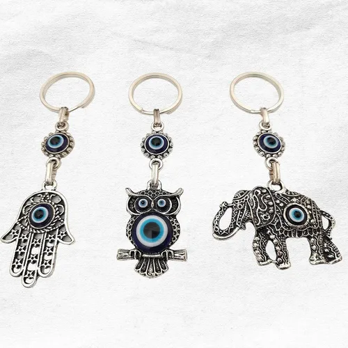 Vista 3 de Juego de 3 llaveros de ojo turco azul malvado, regalo para mujeres u hombres, Azul, Plateado, Pequeño, Llavero contra el mal de ojo