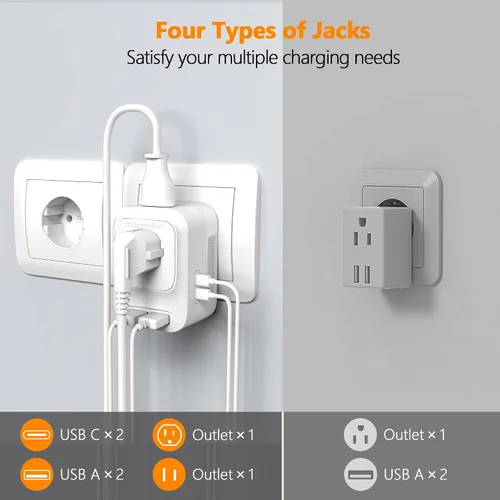 Vista 5 de Mapambo Convertidor de voltaje de 220 V a 110 V de EE. UU. a Europa con 2 puertos USB, 2 USB C, convertidor de adaptador de corriente internacional