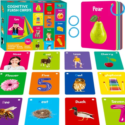Vista 22 de 110 PCS Tarjetas de Aprendizaje Temprano, Tarjetas de Doble Cara - Alfabeto, Números, Alimentos, Animales, Formas, Colores, Objetos del Hogar con 4