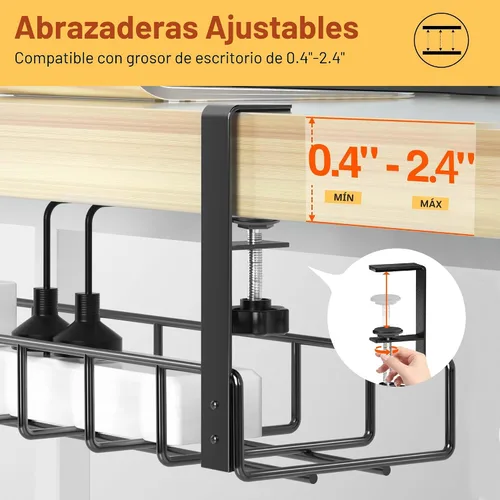 Vista 6 de Paquete de 2 bandejas de organización de cables debajo del escritorio, 31.4 pulgadas, organización de cables debajo del escritorio sin taladrar Negro