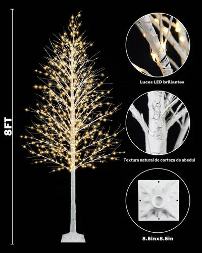 Vista 2 de TORONTOKYO Árbol de abedul iluminado de 8 pies, 1440 luces LED blancas cálidas, 8 modos de iluminación, árbol de Navidad artificial blanco con 7.9 ft