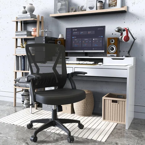 Vista 7 de Silla de oficina de malla ergonómica con respaldo medio, giratoria, de malla negra, brazos abatibles con soporte lumbar, silla de computadora