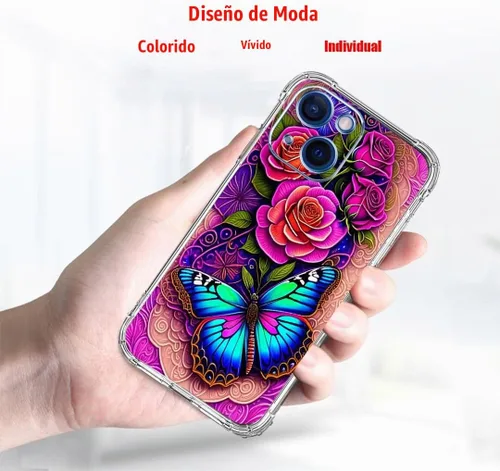 Vista 2 de Funda para iPhone 13 Pro Max, protección contra caídas de flores de mariposa azul, rosa, a prueba de golpes, carcasa protectora de cuerpo completo