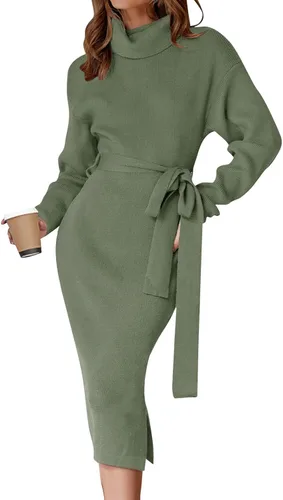 Vista 28 de ZESICA - Vestido por debajo de la rodilla de suéter, de cuello alto, para mujer, de manga larga, de punto acanalado, con abertura y cinturón