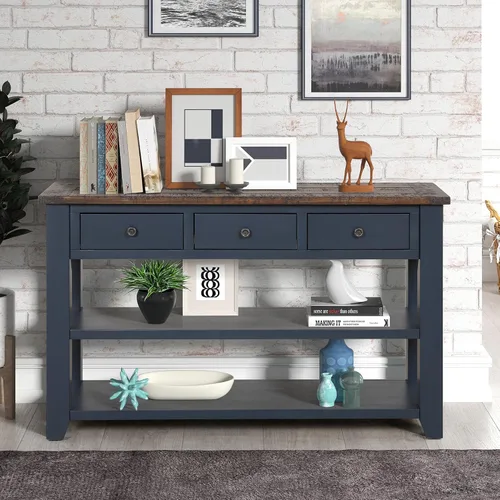 Vista 13 de RuiSiSi Mesa consola de 48 pulgadas con 3 cajones y 2 estantes, mesa de sofá de madera de granja para sala de estar, entrada, pasillo, color blanco