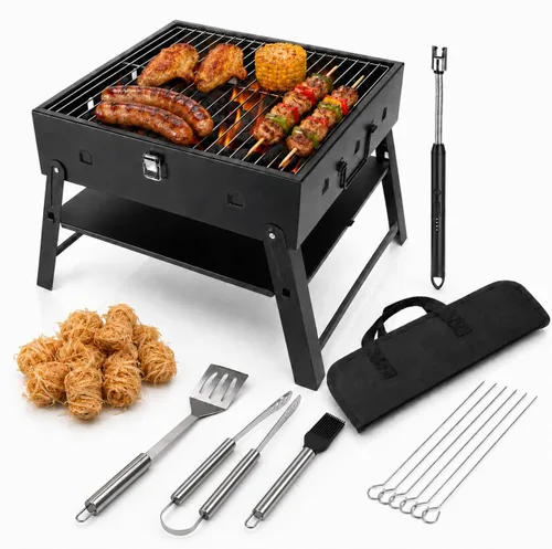 Vista 13 de Pequeña parrilla de carbón portátil para barbacoa: Mini parrillas plegables