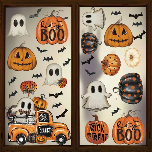Vista 2 de Horaldaily 40 calcomanías de Halloween para ventana, Jack-O-Lantern, calabaza, camión, gnomo, fantasma, murciélagos, gatos, suministros de fiesta