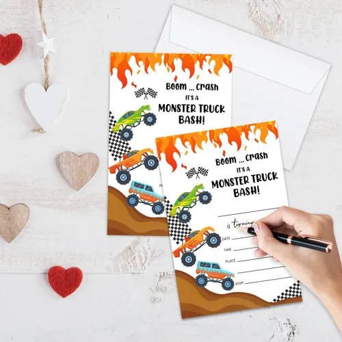 Vista 3 de Tarjetas de invitación de cumpleaños, invitaciones de fiesta de Monster Truck, suministros de decoración de fiesta de feliz cumpleaños para niños