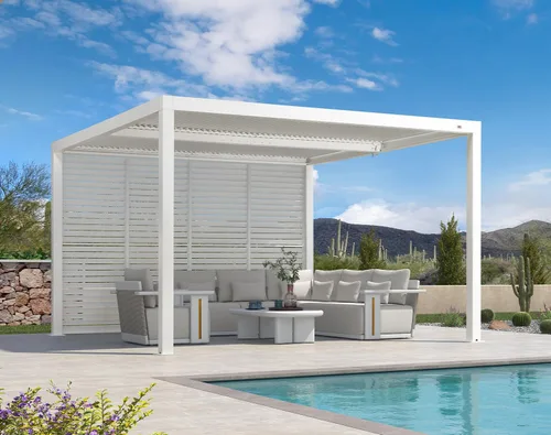 Vista 14 de PURPLE LEAF - Pérgola al aire libre con listones 10 x 12 pies de aluminio blanco con toldo rígido moderno y ajustable para patio, jardín