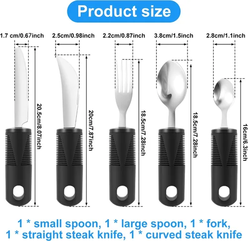 Vista 3 de Juego de utensilios adaptativos, suministros especiales pesados, utensilios de Parkinson, agarre débil y ayudas para discapacitados y Parkinson