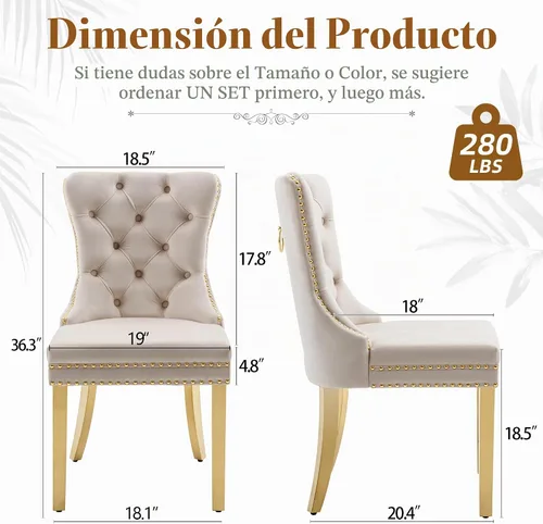 Vista 2 de Juego de 2 sillas de comedor de terciopelo beige, elegantes capitoné