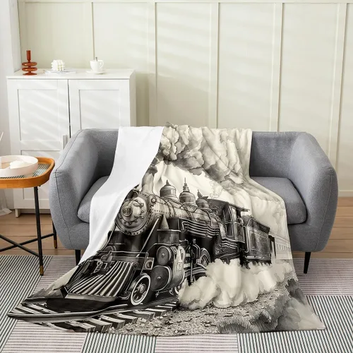 Vista 2 de Erosebridal Manta de tren vintage de 40 x 50 pulgadas, manta de franela con locomotora de tren campestre para niños, adolescentes y adultos, manta