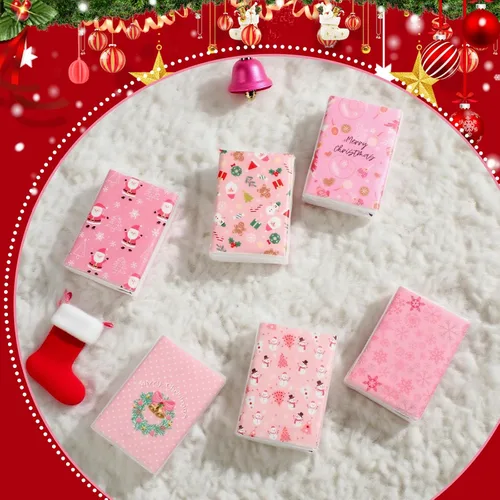 Vista 4 de Paquete de 100 pañuelos de Navidad a granel, tamaño de viaje, pañuelos faciales de bolsillo con rosa o Belén y diseños festivos, regalos de fiesta