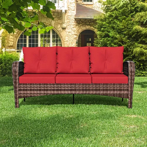 Vista 5 de Sofá de 3 asientos para patio de 73 pulgadas, sofá de mimbre de mimbre, asiento profundo con marco de acero, muebles de conversación al aire libre