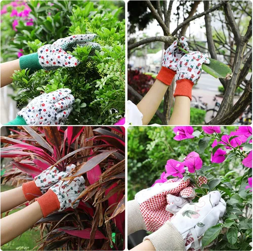 Vista 7 de Geiserailie 4 pares de guantes de jardín para mujer, guantes de jardinería florales, guantes de trabajo suaves y transpirables para limpieza