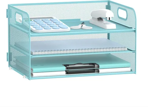 Vista 8 de Supeasy Organizador de papel de 3 niveles con asa, organizador de escritorio de malla, bandeja de cartas, bandeja de papel organizador de archivos