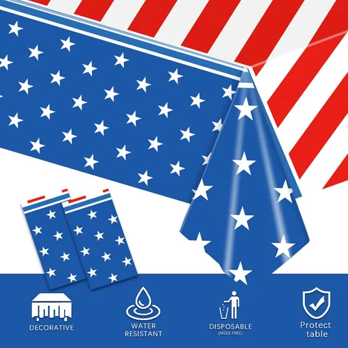 Vista 5 de 2 manteles de 4 de julio, manteles de bandera estadounidense, suministros para fiesta patriótica, para el Día de los Veteranos, Día de la Bandera