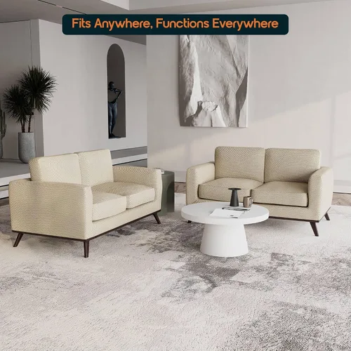 Vista 6 de LeisureMod Chester - Sofá de dos plazas de cuero y malla con base de madera de abedul para sala de estar, dormitorio u oficina (malla beige)