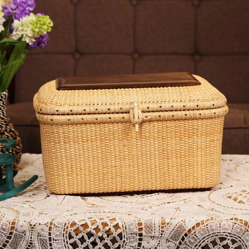 Vista 4 de Nantucket cestas, Rectangular tejido a mano de ratán cesta de almacenamiento con tapa para estantes y cajas para el hogar para organizador (L)