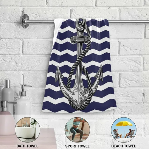 Vista 6 de Toalla de mano de baño de ancla, 2 piezas, toallas de mano absorbentes náuticas a rayas blancas, anclajes marinos, toalla facial suave