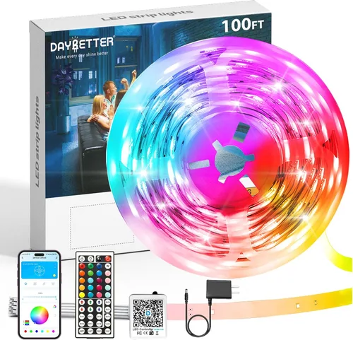 Vista 10 de DAYBETTER Tira de luces LED de 50 pies, sincronización de música, tiras de luz LED RGB con control remoto y aplicación, luces LED que cambian
