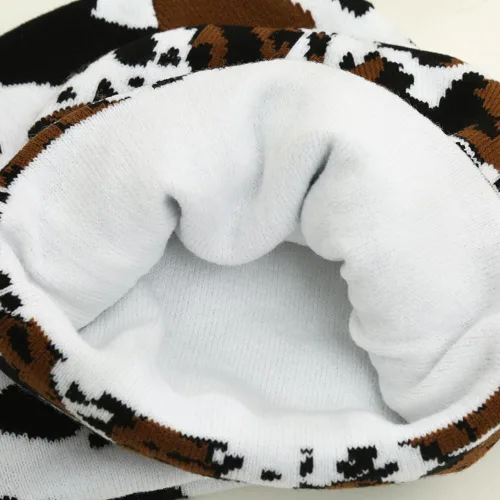 Vista 6 de GLOCALL Gorro con estampado de vaca, lindo gorro con estampado de vaca, gorro de otoño e invierno, gorro con puños, sombreros de punto cálido, gorra