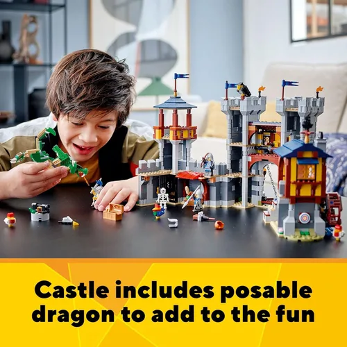 Vista 5 de LEGO Creator 3 en 1 - Juguete de castillo medieval que se transforma de castillo a torre en mercado, incluye figura de esqueleto y dragón, con 3