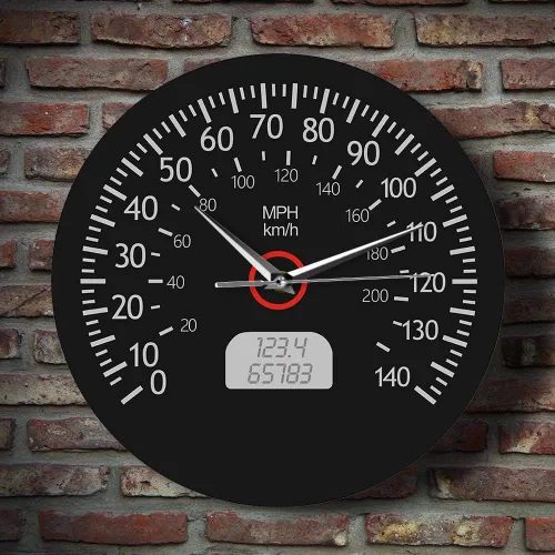 Vista 7 de The Geeky Days Reloj de pared silencioso impreso con velocímetro, kilómetros y millas, arte de pared de mecánica de carreras, reloj de pared negro