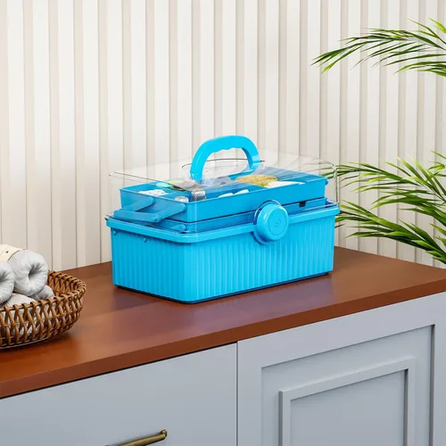 Vista 7 de Caja de plástico de 3 capas para manualidades y caja de herramientas para manualidades, caja de almacenamiento de plástico multiusos con asa