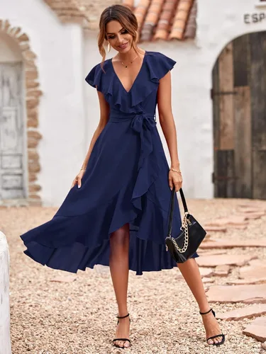 Vista 4 de Floerns Vestido midi cruzado con cuello en V profundo y manga mariposa para mujer