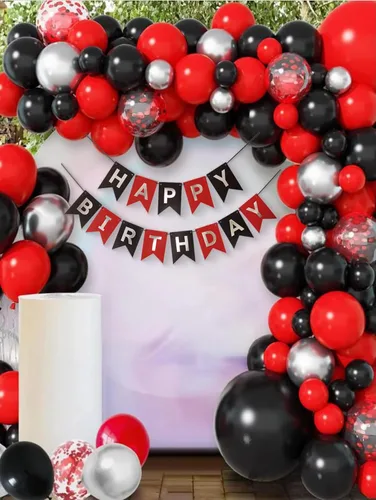 Vista 2 de Cartel de feliz cumpleaños de color rojo, plateado y negro, decoración para niños, niñas, hombres y mujeres, aniversario, fiesta de cumpleaños