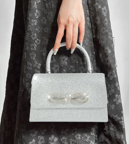 Vista 6 de Bolso de noche con lazo brillante para mujer, con purpurina, con strass, bolso de mano, para cóctel, de graduación, de fiesta, de boda