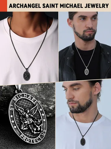 Vista 6 de FaithHeart Collar de San Miguel, acero inoxidable, chapado en oro de 18 quilates, amuleto colgante de San Miguel Arcángel para hombres y mujeres