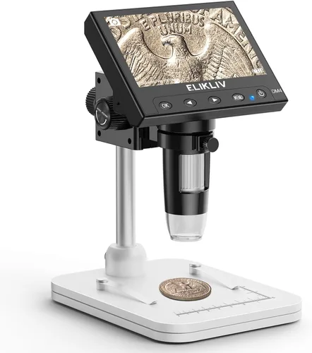 Vista 9 de Elikliv Microscopio, microscopio digital LCD para monedas 1000x, lupa de monedas con 8 luces LED ajustables, vista de PC compatible con Blanco