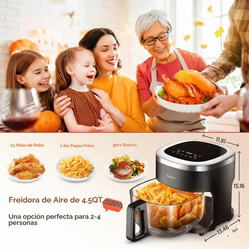 Vista 6 de Freidora de Aire de Vidrio, Freidora de Aire de 4.5QT con Olla de Vidrio de Visualización, Freír al Aire, Asar, Recalentar, Deshidratar, Tecnología