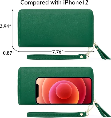 Vista 4 de Badiya Cartera para mujer con bloqueo RFID, soporte para tarjetas de crédito, de gran capacidad, con cierre de cuero, con cremallera alrededor