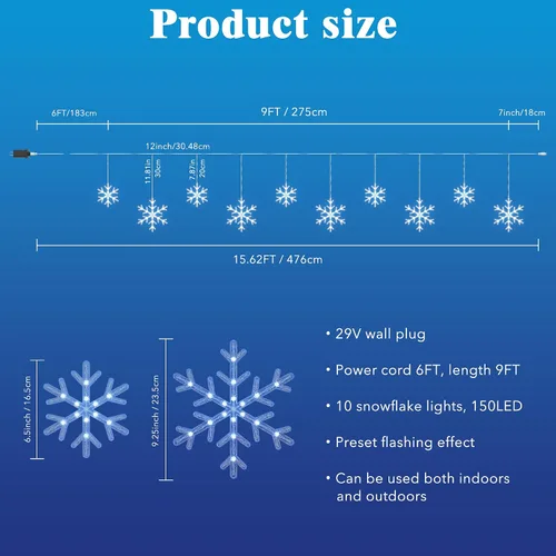 Vista 5 de Luces de carámbano de nieve de Navidad, 9 pies, 150 luces LED para cortinas con 10 gotas, 3 hebras conectables, luz de hada de carámbano con efecto