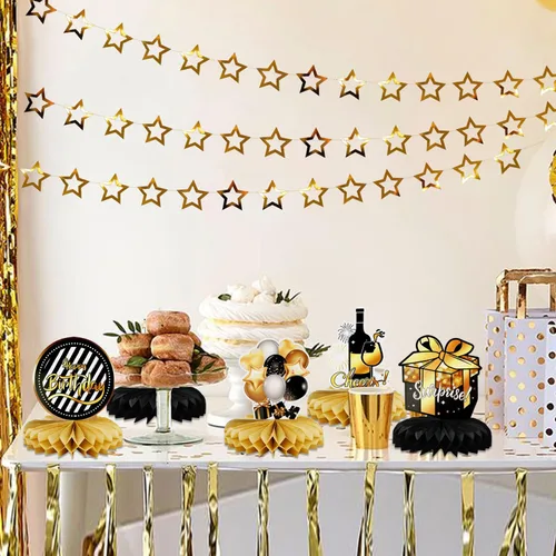 Vista 6 de 9 piezas de decoración de mesa de fiesta de cumpleaños, centros de mesa de panal de abeja de oro negro para mesa, decoración de mesa de cumpleaños
