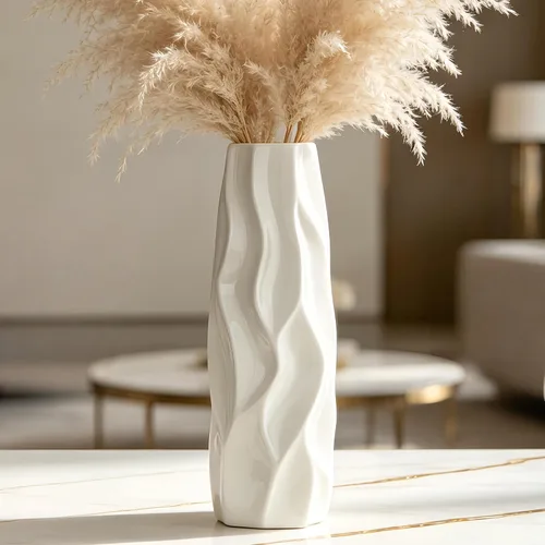 Vista 12 de Florero de cerámica blanco de 12 pulgadas, jarrones altos para hierba de las pampas, decoración del hogar, jarrones modernos con textura
