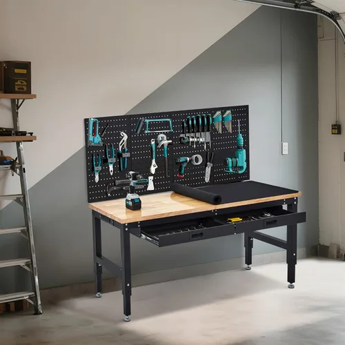 Vista 9 de Mesa de trabajo ajustable de 60 pulgadas, banco de trabajo de madera de goma de 3000 libras, mesa de trabajo resistente con 2 cajones y tablero