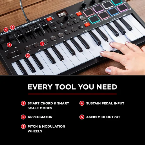 Vista 8 de M-AUDIO Oxygen Pro Mini Controlador de teclado MIDI USB de 32 teclas para MacOS y WinOS, con Beat Pads, perillas y faders asignables, y paquete