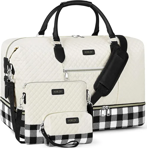 Vista 20 de Bolsa de fin de semana para mujer, bolsa de viaje de nailon, con compartimento para zapatos, tamaño grande 1-beige