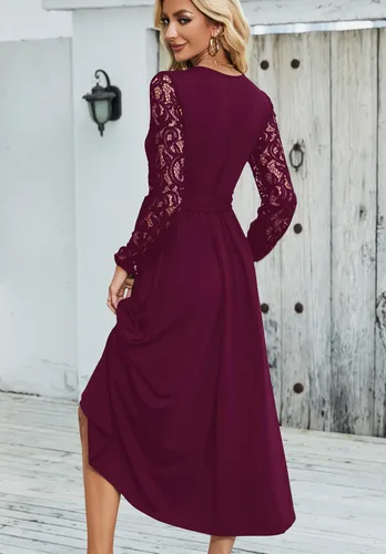 Vista 2 de Runwind Elegante vestido largo para mujer, cuello en V, encaje de manga larga, vestidos de dama de honor con cinturón
