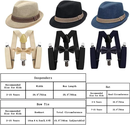 Vista 6 de IZKIZF Disfraz infantil de los años 20, sombrero de gángster Fedora, tirantes en forma de Y, corbatín, boda, fiesta de cumpleaños, Halloween, cosplay