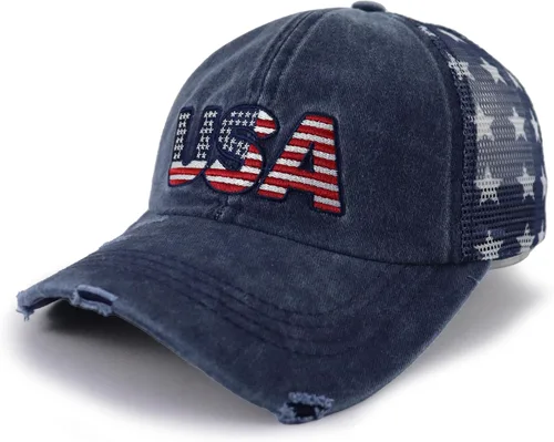 Vista 30 de Gorra de béisbol con la bandera estadounidense para mujer, divertida gorra de béisbol bordada y desgastada ajustable