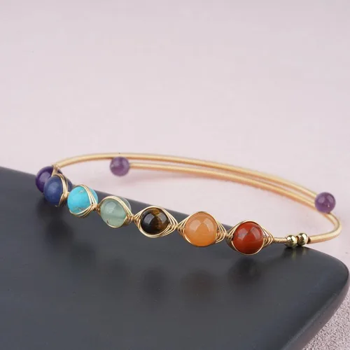Vista 3 de ASGIFT Pulsera de 7 chakras para mujeres y niñas, cuentas de piedra de cristal curativo, ajustable, yoga, meditación, oro de 14 quilates, joyería