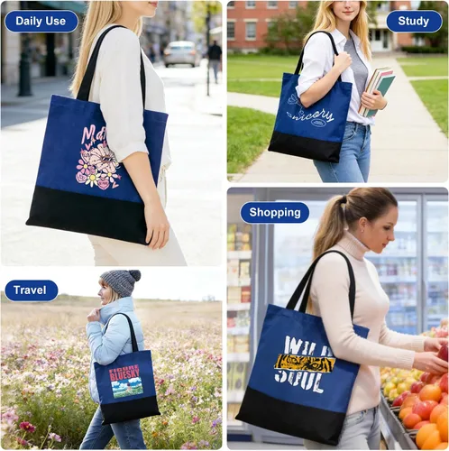Vista 2 de Bolsa de lona con cremallera y bolsillo interior, bolsas de compras reutilizables para comestibles, bolsa de mano de moda
